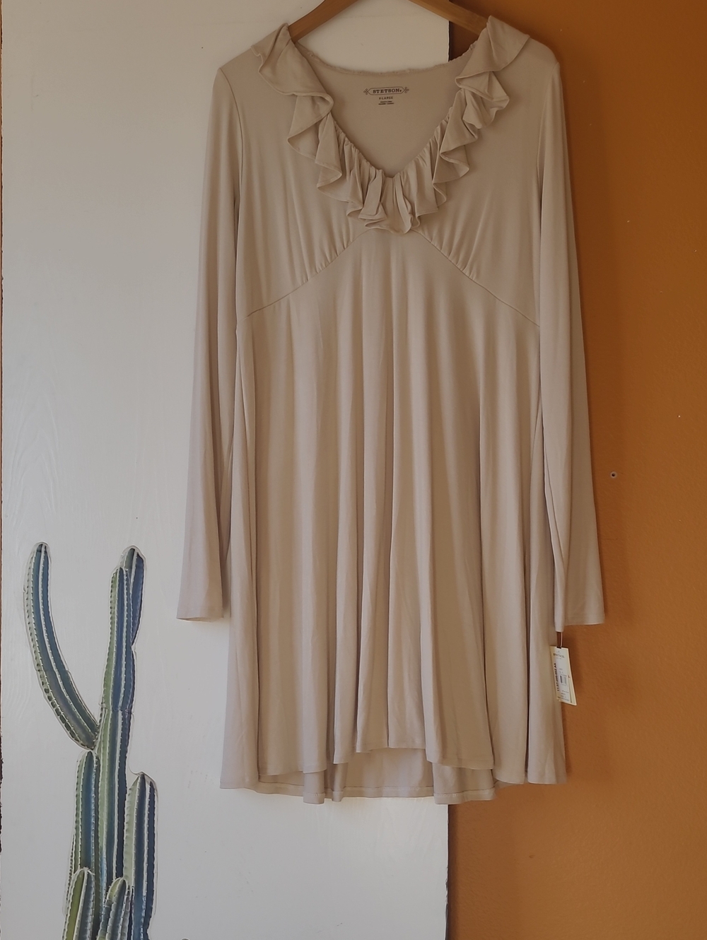Stetson Beige Ruffled V-Neck Long Sleeve Dress